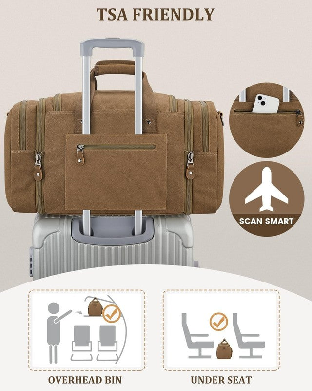 Expandable 50L Canvas Duffle Bag Coffee Travel Gym Weekender Carry On6