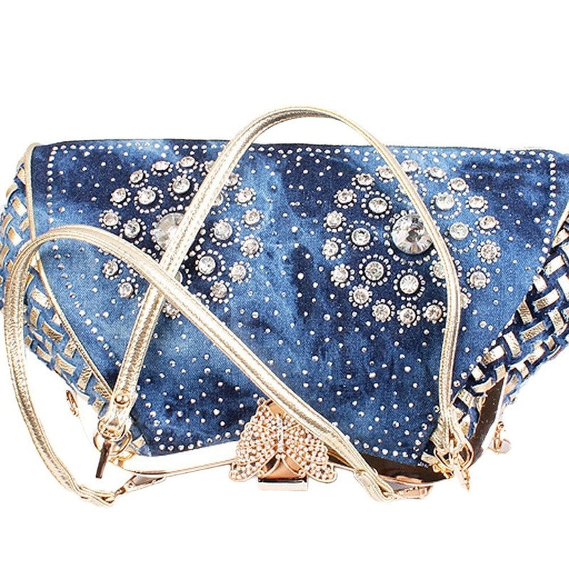 Women Denim Crossbody Bag Knitted Rhinestone Tote Handbag Shoulder Purse4