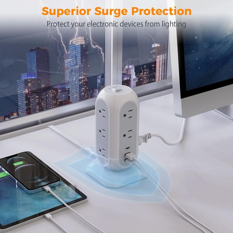 Tower Power Strip Flat Plug with 11 Outlets 3 USB (1 USB C),  Surge Protector To3