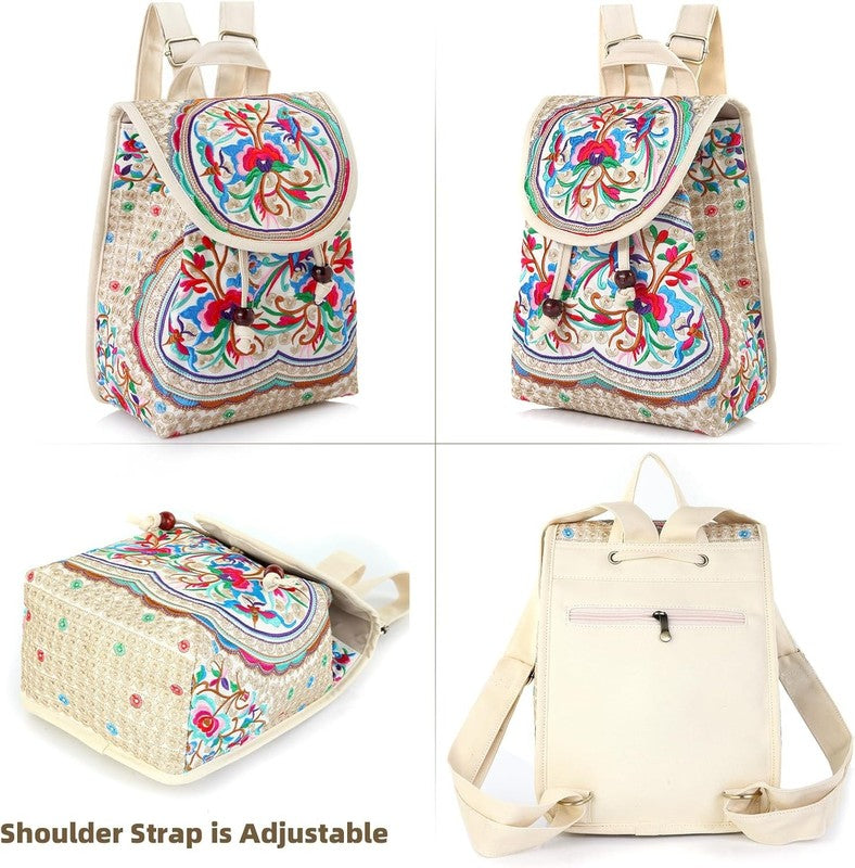 Women Embroidered Backpack Boho Floral Mini Travel Shoulder Bag Beige Red3
