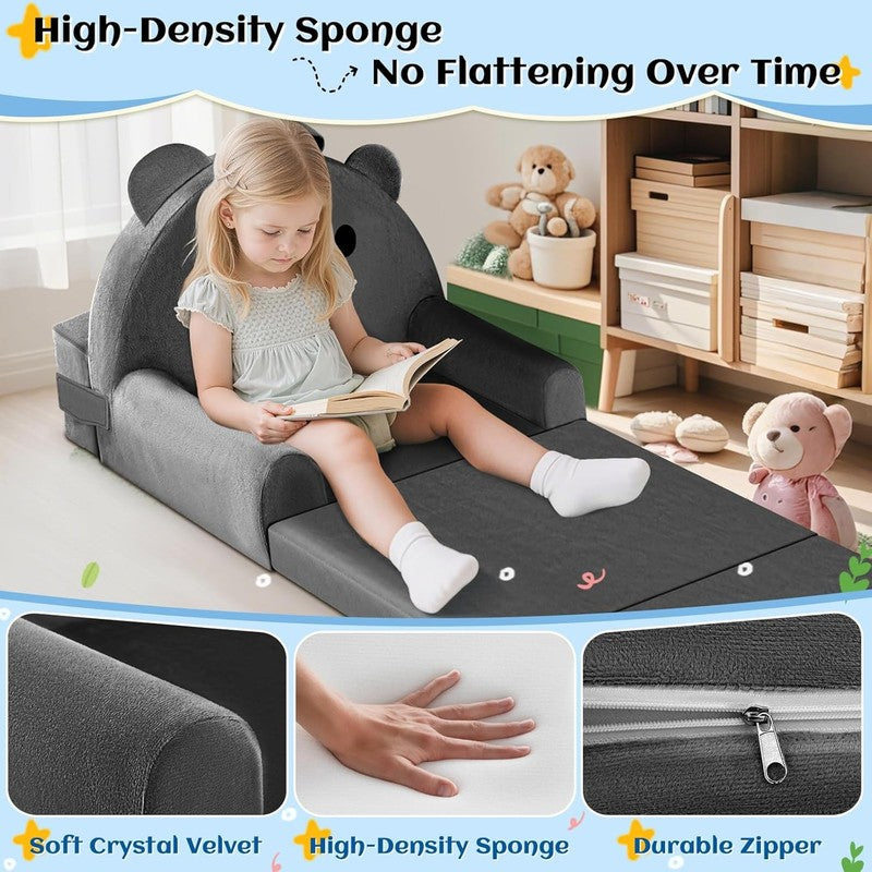 Kids Foldable Sofa Bed w/ Washable Cover, Crystal Velvet Toddler Chair Gray5
