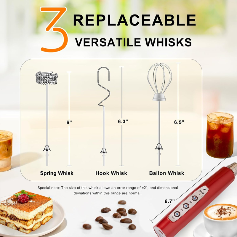 Milk Frother Handheld USB Rechargeable 3 Speed 3 Heads Coffee Whisk Red3