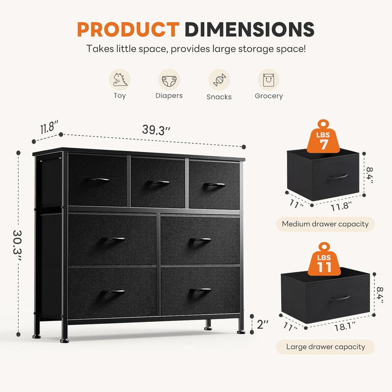 7 Drawer Fabric Dresser Storage Tower Steel Frame Wood Top Black2