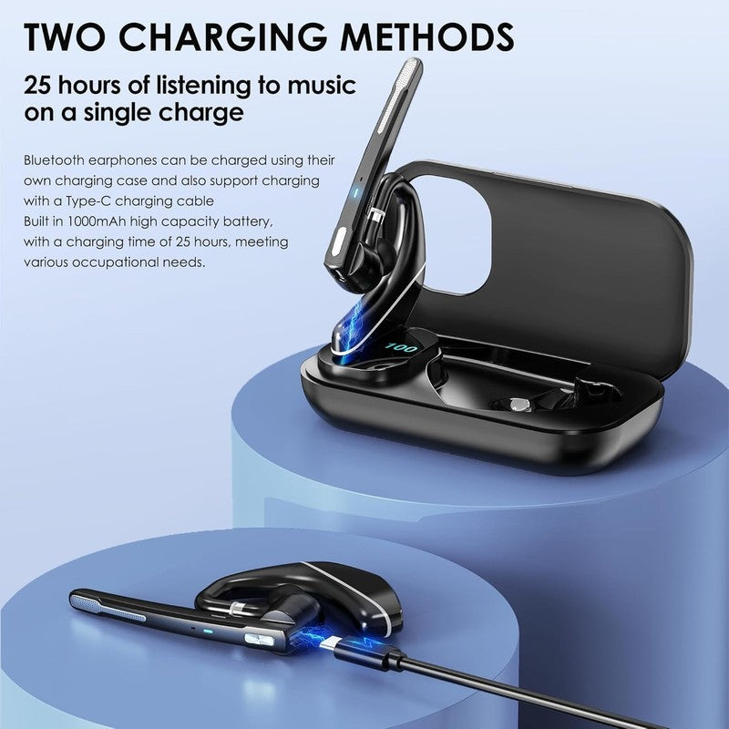 Bluetooth Headset V5.3 Wireless Earpiece Dual Mic 96H Talktime 1000mAh Case2