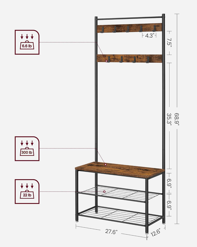 Coat Rack, Hall Tree with Shoe Storage Bench, Entryway Bench with Shoe Storage, 3