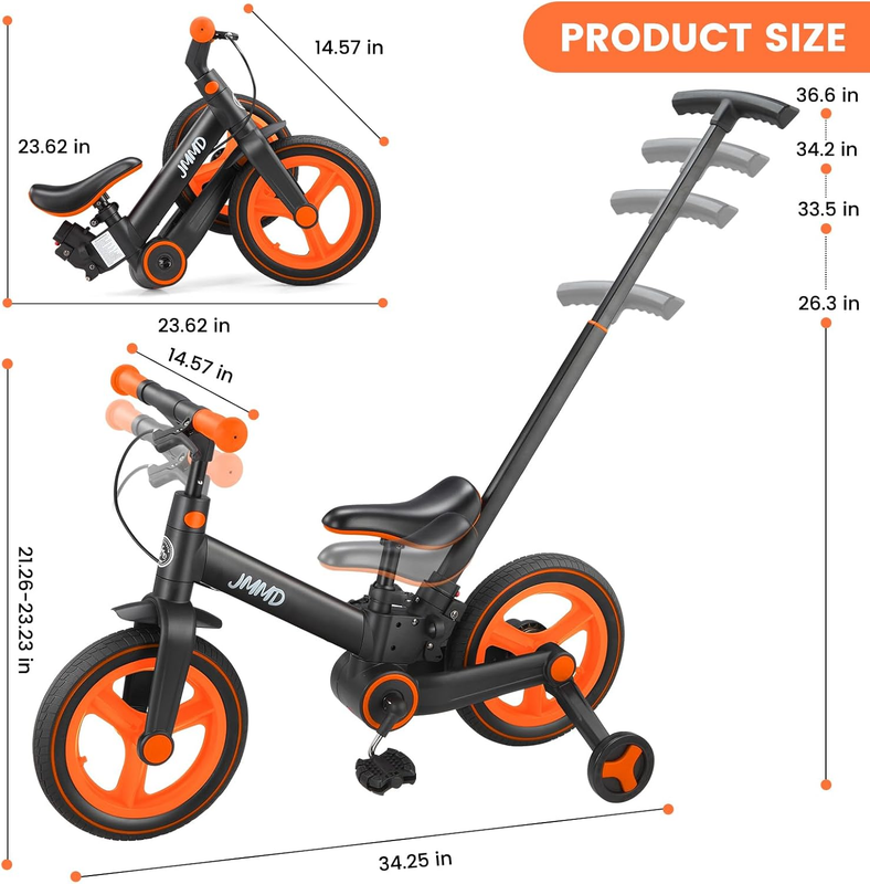 6-in-1 Toddler Bike 12" Balance Bike Push Handle Training Wheels Kids7