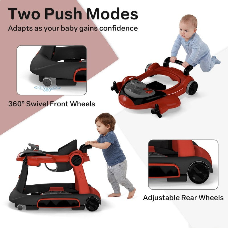 5-In-1 Musical Baby Walker with Wheels, Foldable Baby Walker for Boys Girls, Red2