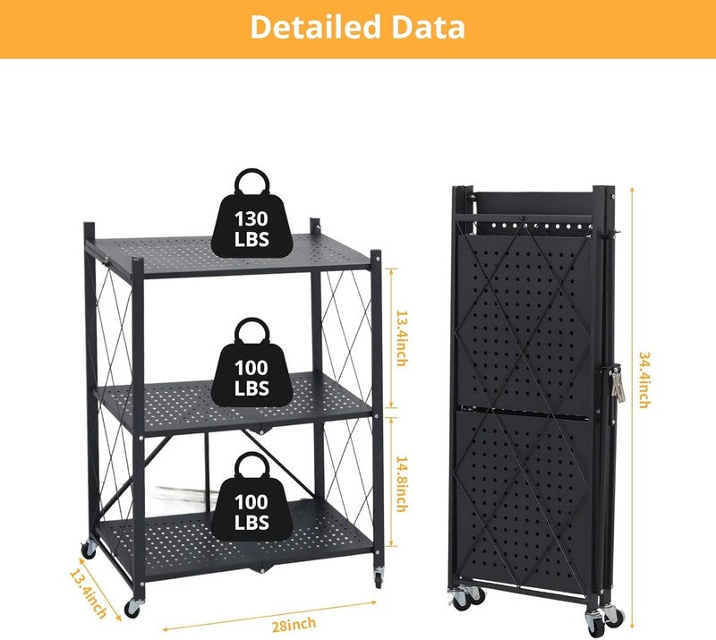 3 Tier Foldable Storage Shelf w Wheels Heavy Duty Metal Rolling Rack Black1