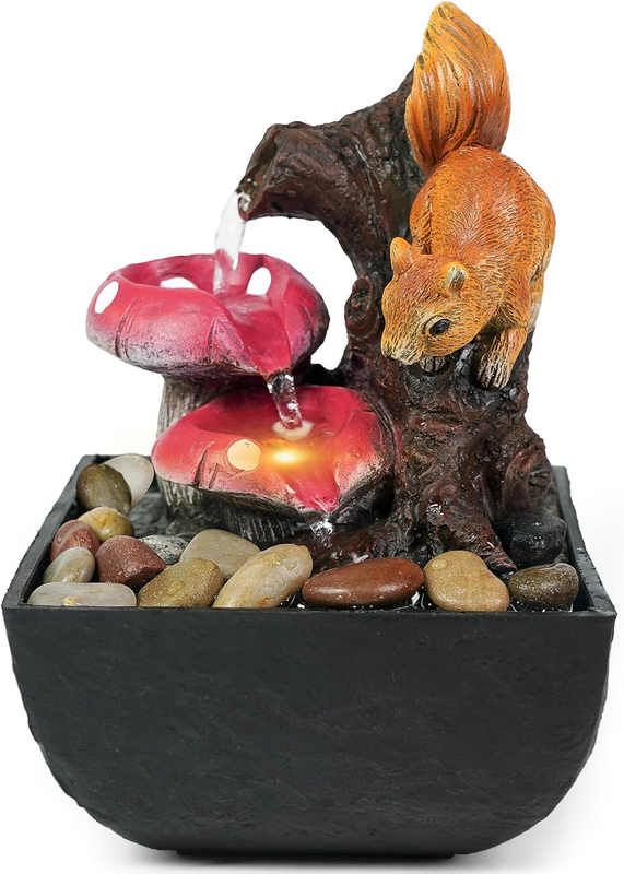 3-Tier Tabletop Waterfall Fountain Indoor LED Squirrel Desktop Home Decor6