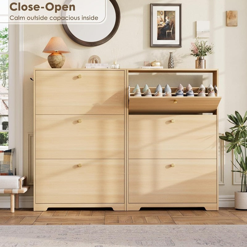 Slim Shoe Storage Cabinet Hidden Rack Organizer Entryway Hallway Natural Oak2