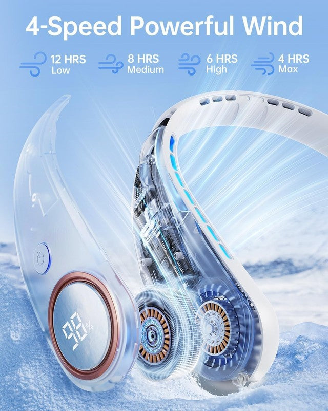 Bladeless Neck Fan with LED Display, 4 Speeds, USB Rechargeable, Portable White1