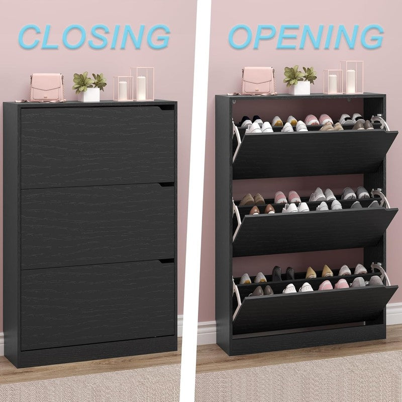 Shoe Storage Cabinet 3 Flip Drawers Narrow Rack Organizer Entryway Black4