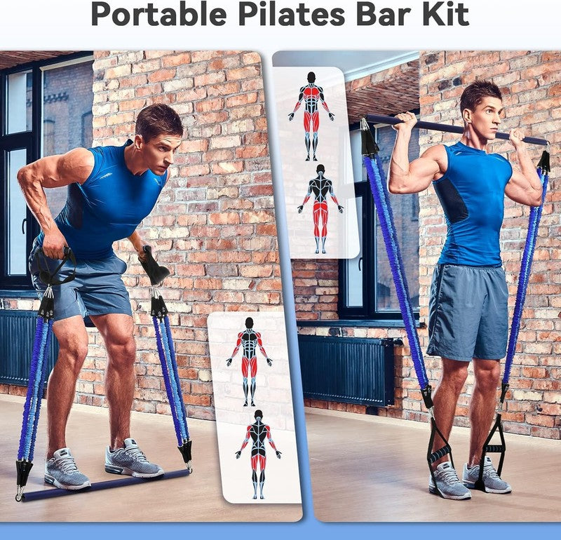 Portable 3-Section Pilates Bar Kit w/ Resistance Bands 20-60lb Full Body3