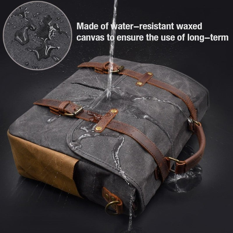 Men's 15.6" Waterproof Leather Canvas Laptop Messenger Bag Grey Satchel1