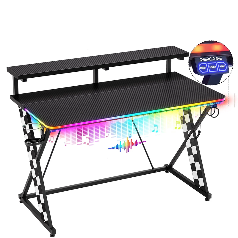 43" X-Shaped Gaming Desk Music Sync LED with Monitor Stand White Racing10