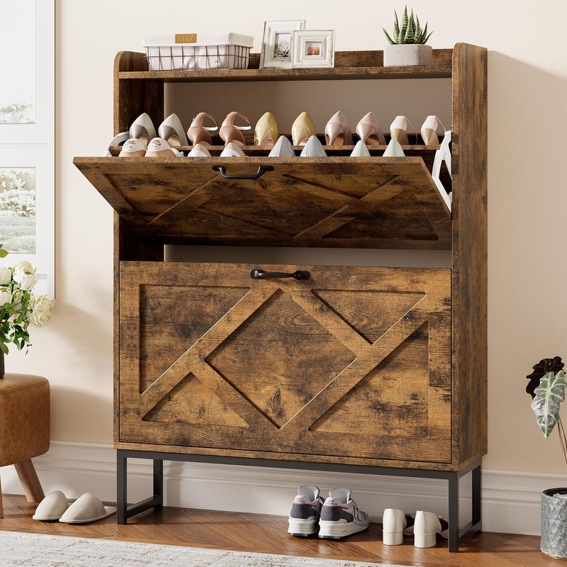 Shoe Cabinet 2 Flip Drawers Freestanding Slim Farmhouse Entryway Rustic Brown10