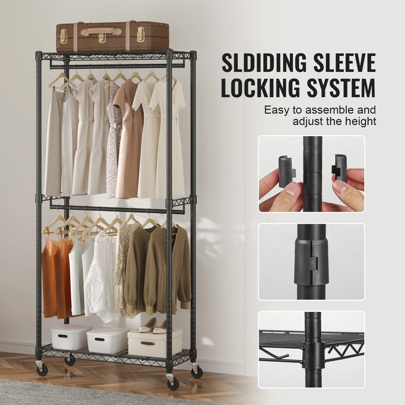Clothes Rack 300 Lbs Double Hanging Garment Rack with Wheels Heavy Duty Rolling 4