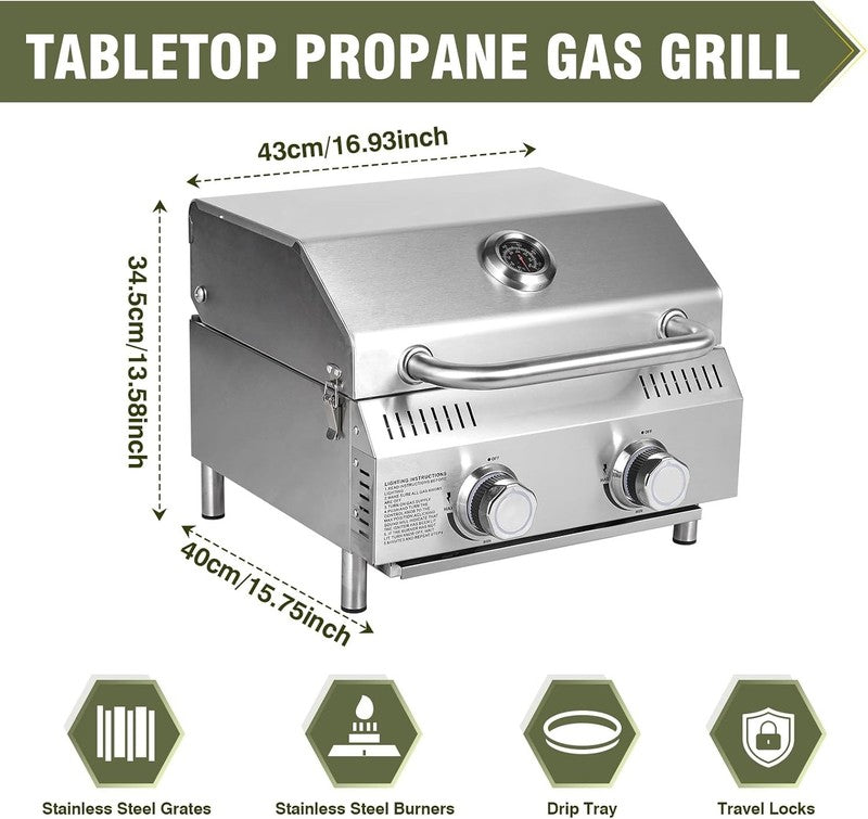 2 Burner Tabletop Gas Grill 20,000 BTU Portable Stainless Steel Propane Grill4