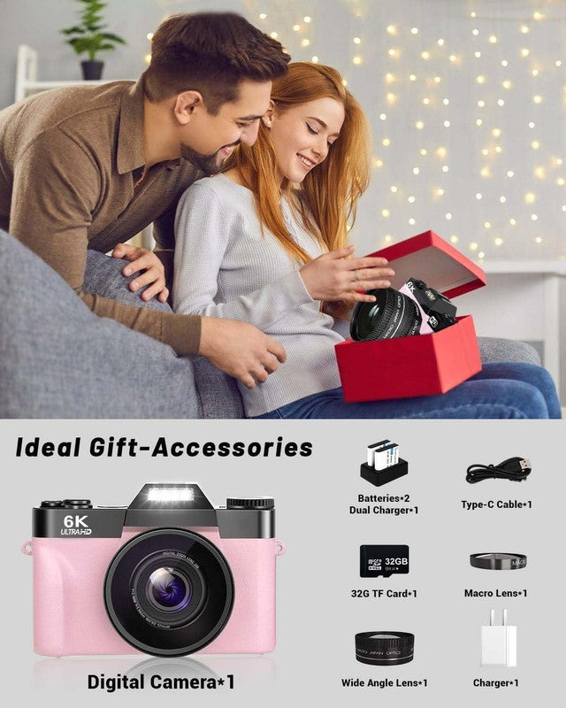 6K Digital Camera 64MP Vlogging WiFi 180° Flip Screen 16X Zoom 32GB Pink1