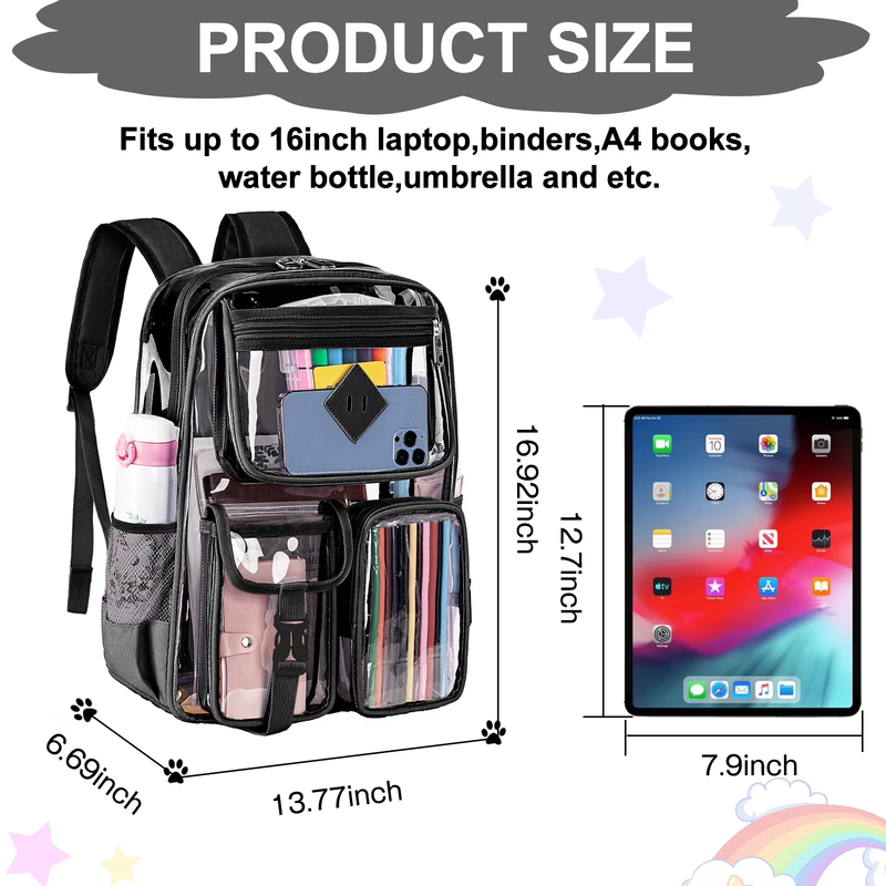 Large Clear Backpack Waterproof See Through School Bag Black4
