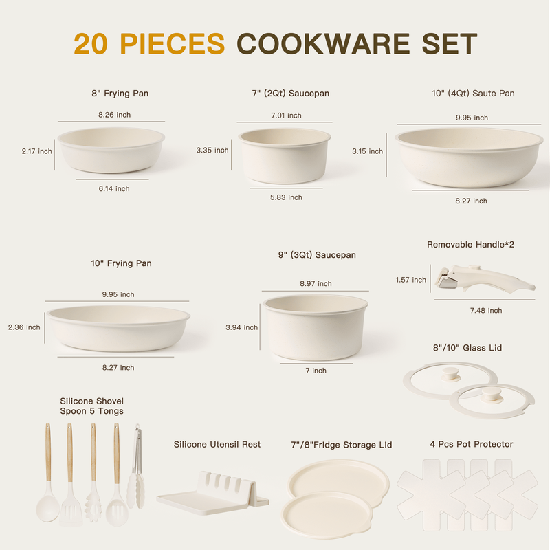 20 Piece Pots and Pans Set Non Stick, Cookware Set with Detachable Handle, Oven 7