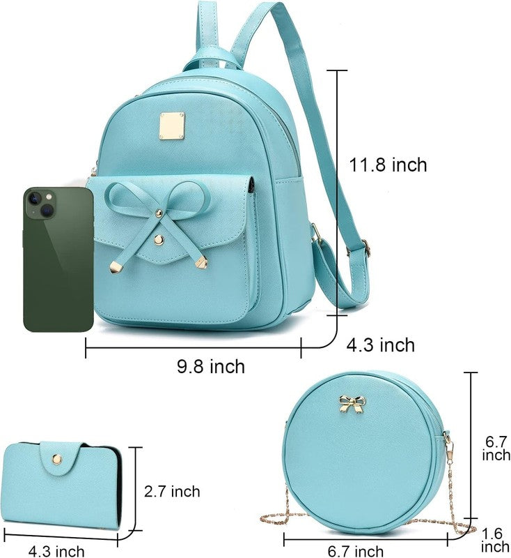 Girls Bowknot 3-Pieces Fahsion Leather Backpack Backpack Purse for Women Rucksac1