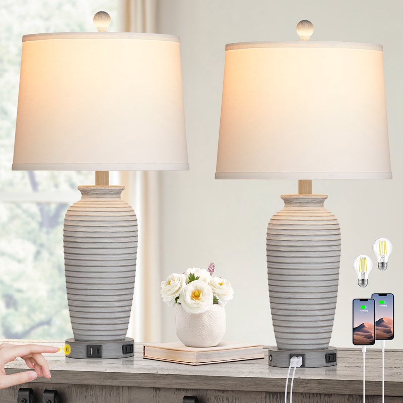 Farmhouse Jar Table Lamp Set of 2 USB Ports AC Outlet 3 Way Touch Dimmable0