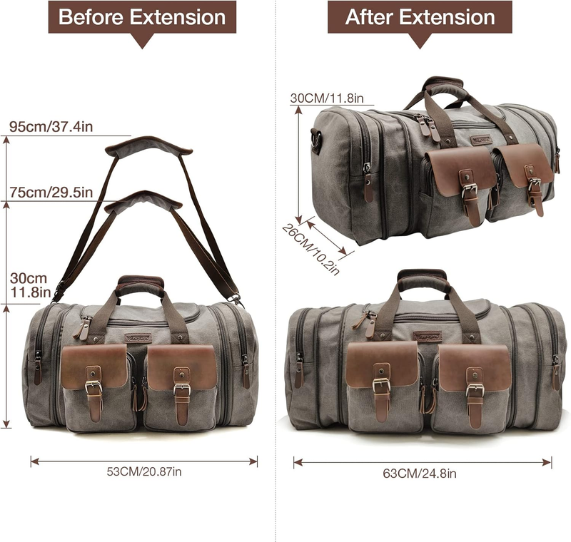 Expandable 50L Travel Duffel Bag Genuine Leather Canvas Weekender Bag6