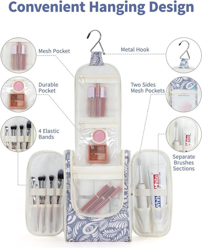 Small Hanging Toiletry Bag Travel Makeup Organizer Medium Blue Leaf1