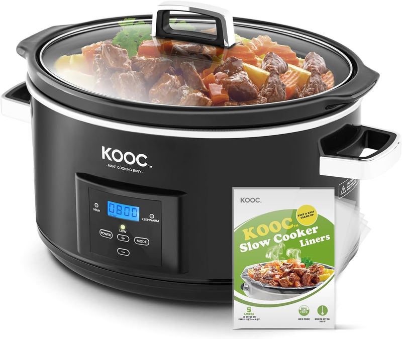 8.5 Quart Programmable Slow Cooker w/ Timer + Liners, Black Oval New9