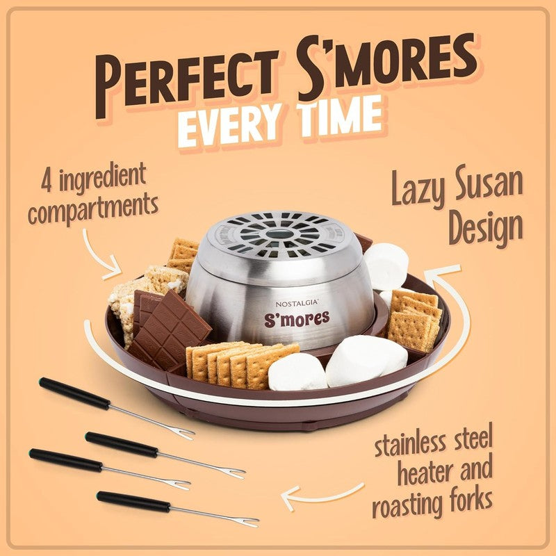 Electric S'Mores Maker, 4 Trays, 4 Forks, Lazy Susan Design, Indoor, Brown SS4