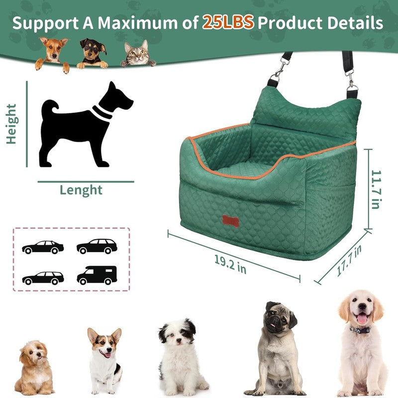 Dog Car Seat Memory Foam Small Dogs up to 25lbs w/ Pockets & Seat Belt Green2