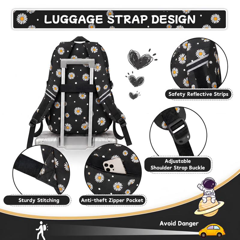 Kids Backpack Set w/ Lunch Bag & Pencil Case Black Flower4