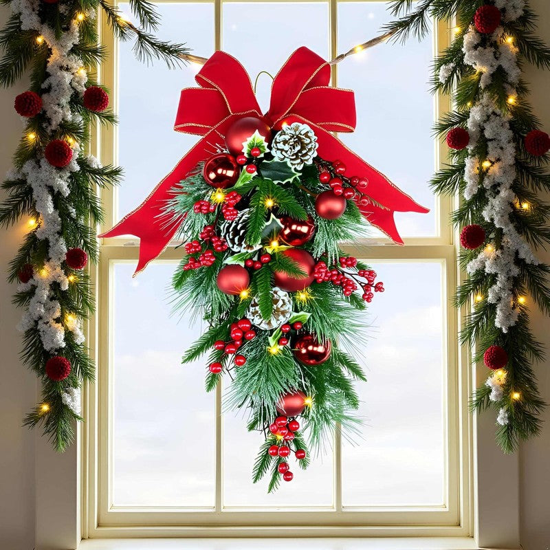 24" Pre-Lit Christmas Teardrop Swag Battery Operated Red Bow Pinecones Berries5