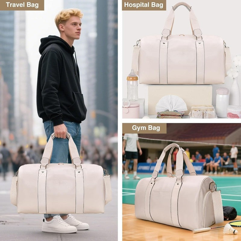 3 in 1 Leather Duffle Bag w/ Shoe & Toiletry Compartment Weekender Beige6