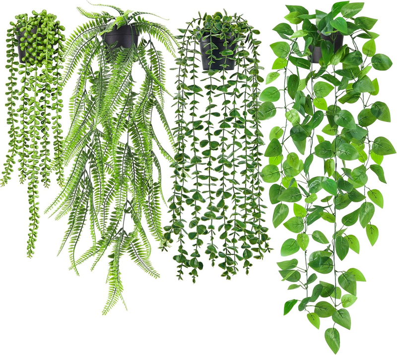 4Pcs Fake Plants Hanging Artificial Ivy Vine Faux Eucalyptus Hanging Plants, Bos9