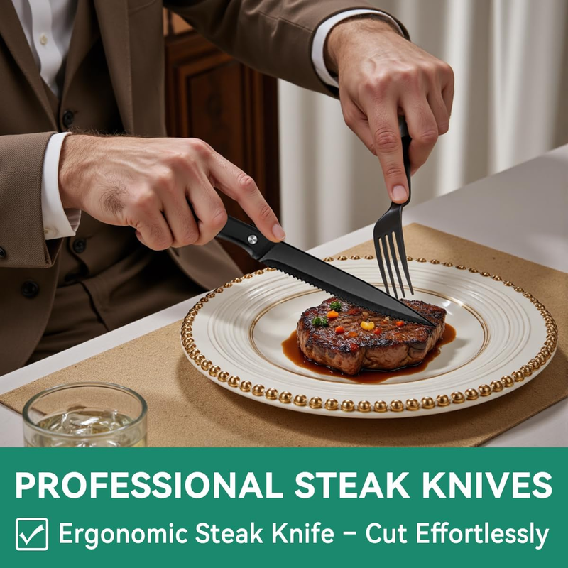 49Pc Black Silverware Set for 8 w/ Organizer Steak Knives Stainless3