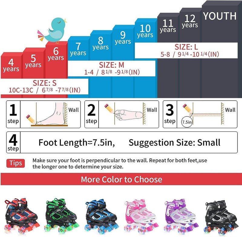 Kids Roller Skates for Boys Girls Kids, 4 Sizes Adjustable Quad Skates with All 4