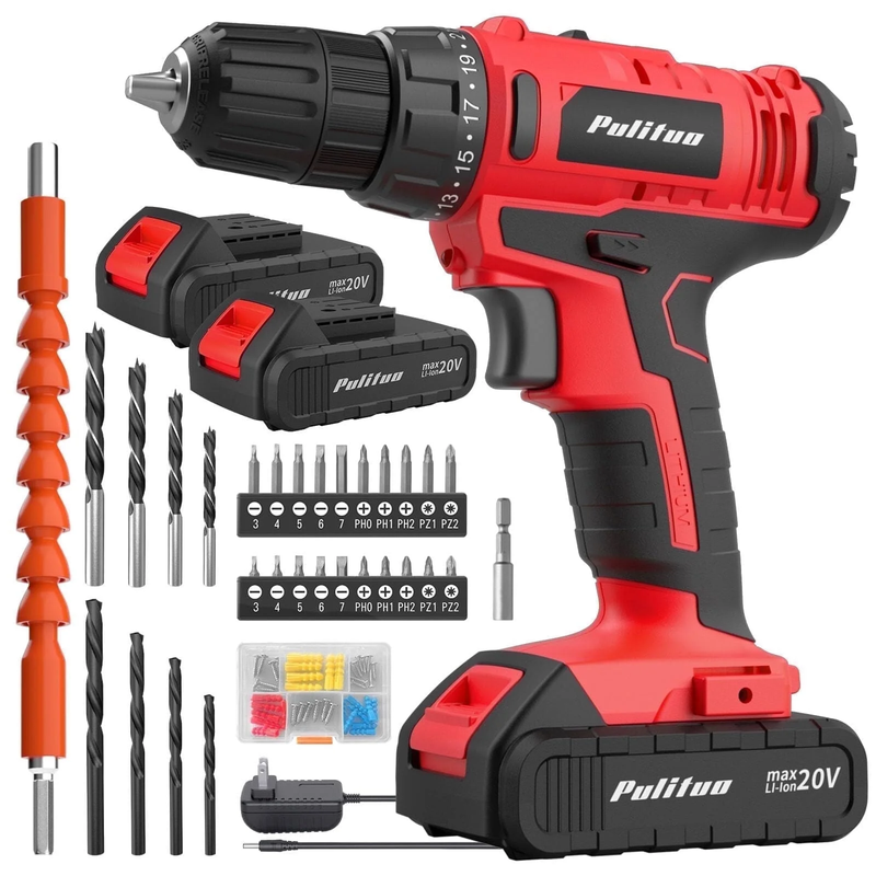 20V Cordless Drill Driver Kit 30Nm 21+1 Torque 2-Speed LED 2 Batteries Red9