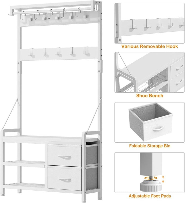 Hall Tree Entryway Bench with Coat Rack & Storage 5-in-1 White 31.5"4