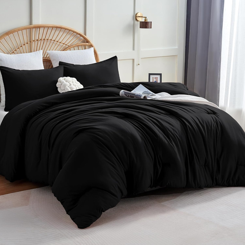 Queen Comforter Set Black, 3 Pieces Solid Queen Comforter Breathable Quilted Sty9