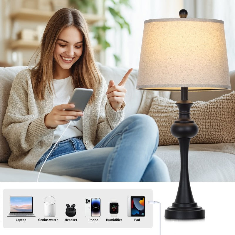 Set of 2 3 Way Dimmable Tall Table Lamps USB A+C Ports AC Outlet Industrial Blac2