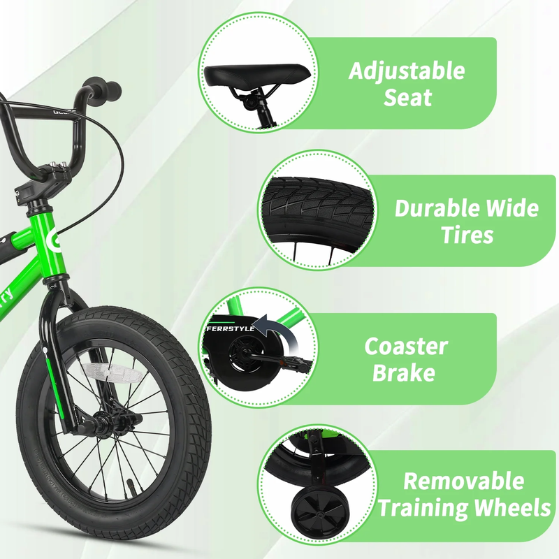 14in Kids BMX Bike w/ Training Wheels Coaster & Rear V Brake Ages 3 5 Green2