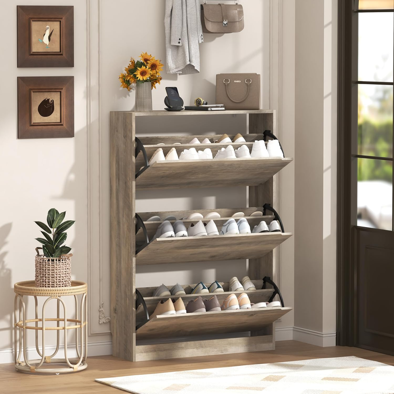 47'' Shoe Cabinet 3 Flip Drawers Slim Wood Storage Rack Organizer Entryway Grey8