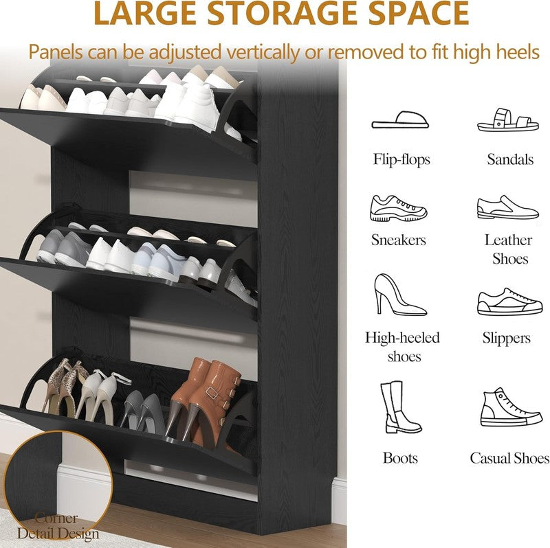 47'' Shoe Cabinet 3 Flip Drawers Slim Wood Storage Rack Organizer Entryway Black5