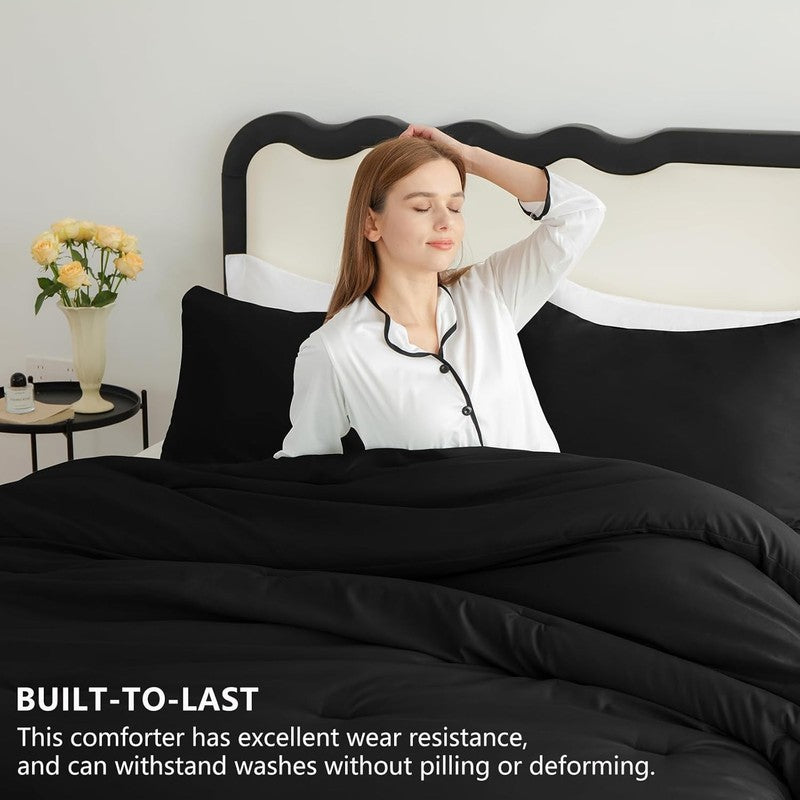 Queen Comforter Set Black, 3 Pieces Solid Queen Comforter Breathable Quilted Sty1