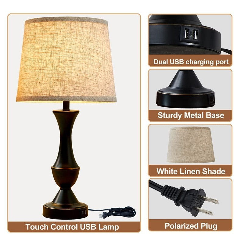 Set of 2 Touch Lamps w/ USB 3 Way Dimmable Nightstand Linen Bedside Lamps3