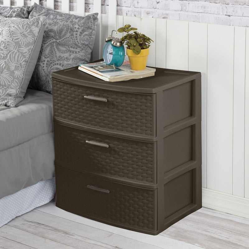 3 Drawer Wide Weave Tower, Plastic Décor Drawers with Pull Handles, Brown4