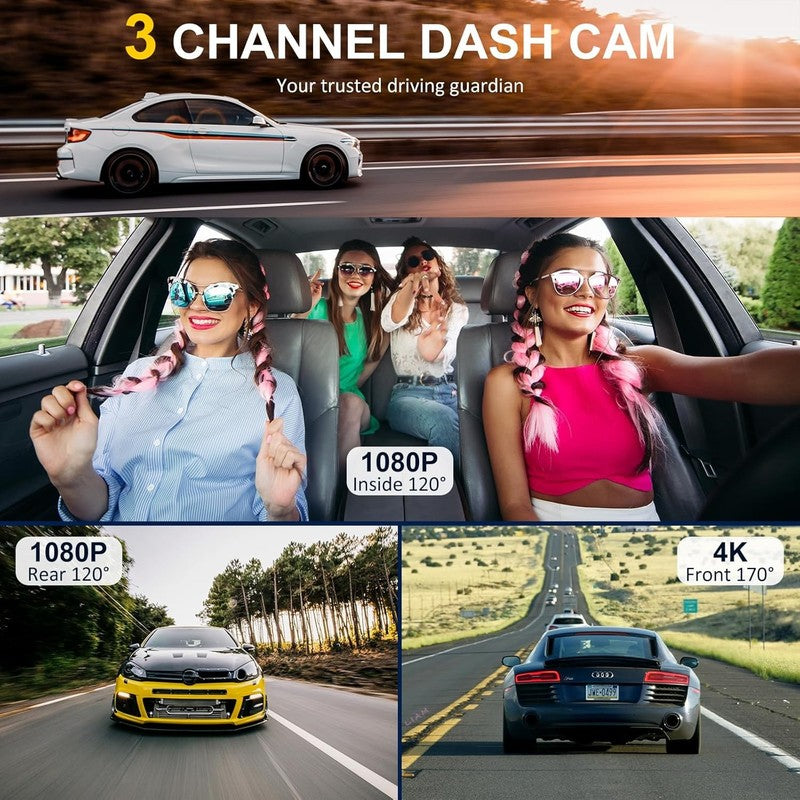 3-Channel 4K+1080P Dash Cam Front Rear Inside w/ WiFi 64GB Card Night Vision1