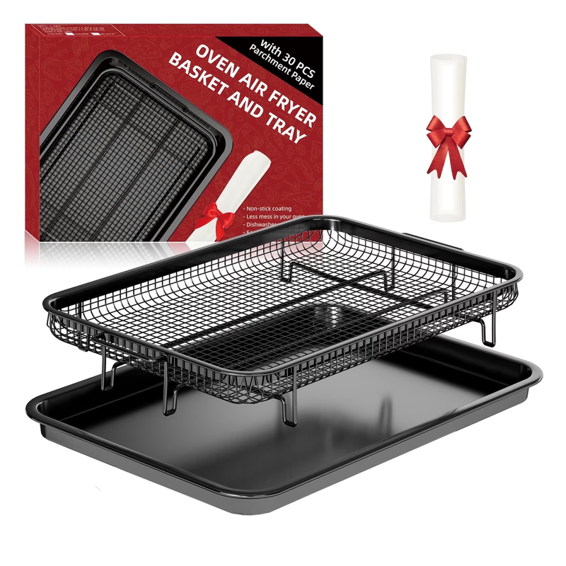 XL Air Fryer Basket Tray Set for Oven 2 Pack Stainless Steel w/30 Parchment10